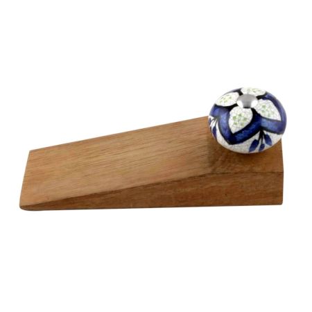 Navy Blue Flower Crackle Ceramic Wooden Door Stopper
